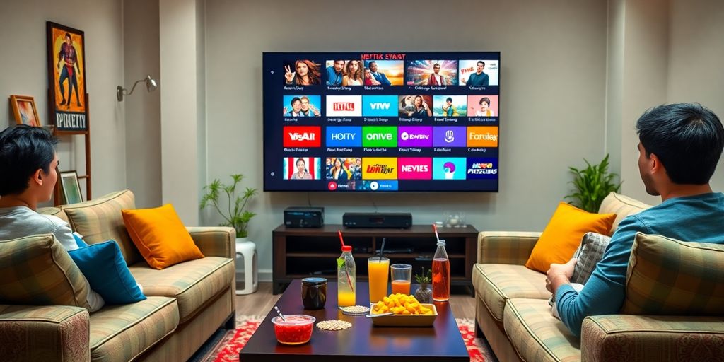 Sală de zi confortabilă cu televizor și divertisment IPTV.