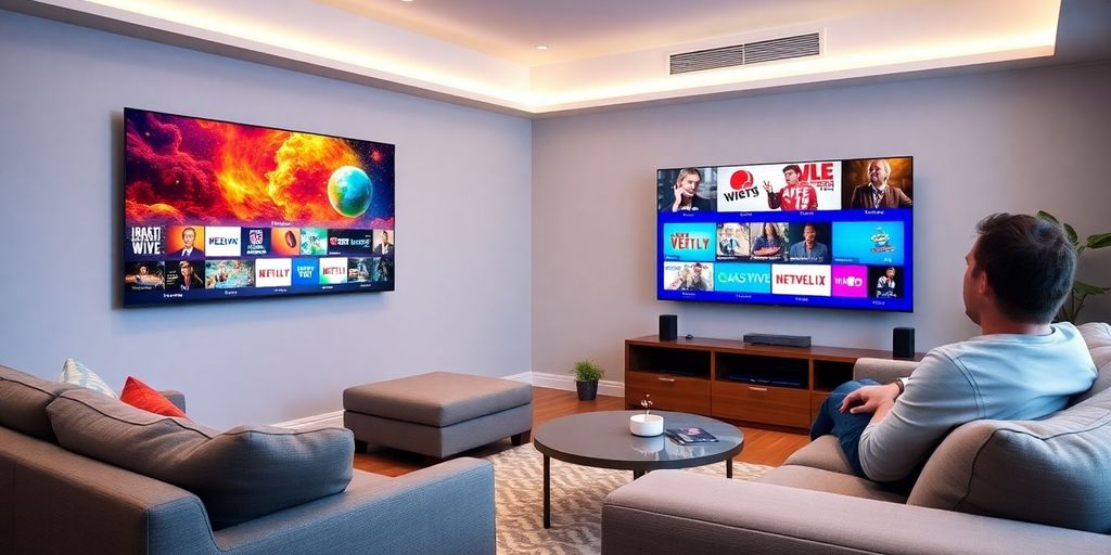 Salon confortabil cu televizor mare si divertisment IPTV.