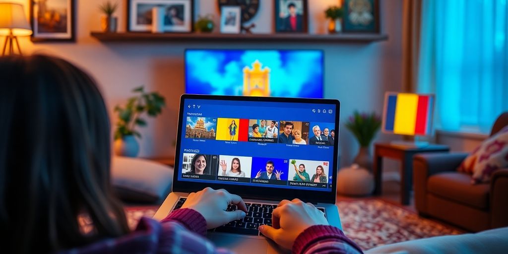 Persoană vizionând IPTV românesc pe laptop.