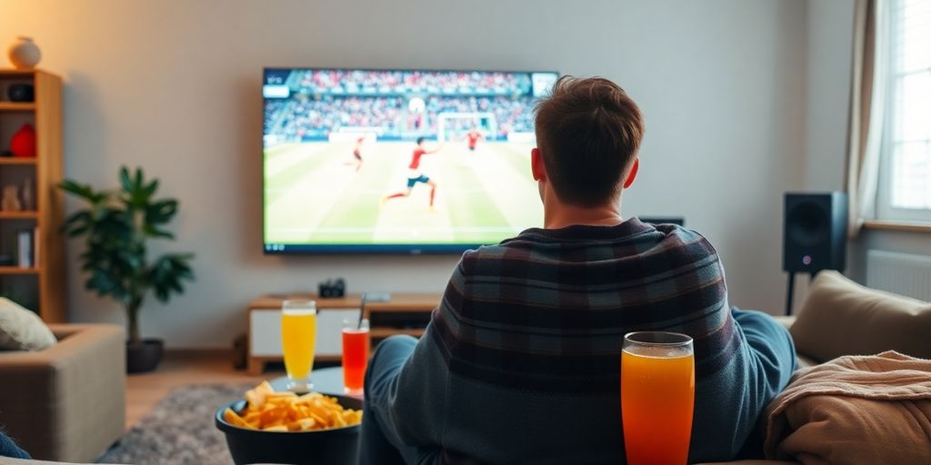 Persoană urmărind meci de fotbal pe un ecran.
