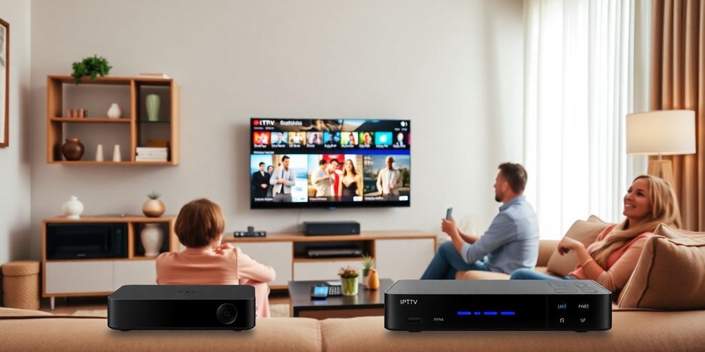 Dispozitive de streaming IPTV într-un living modern.