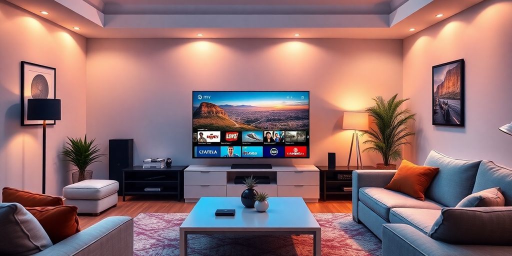 Camera modernă cu televizor și conținut IPTV.