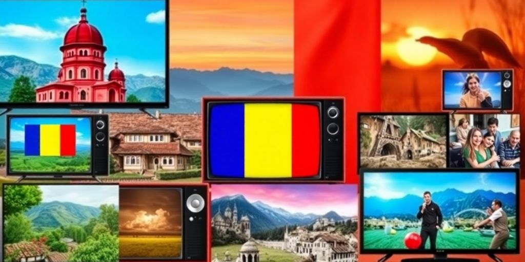 Colaj cu ecrane TV românești și peisaje tradiționale.