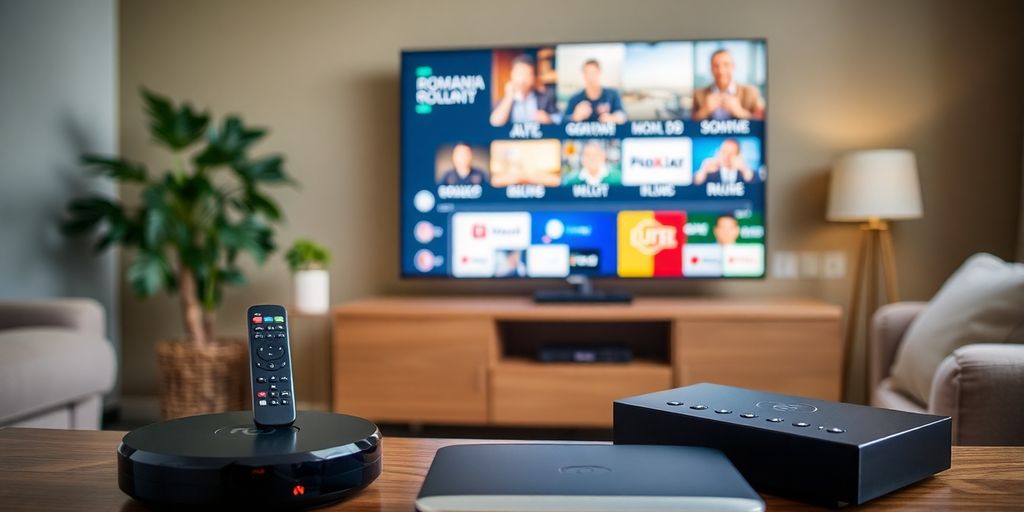 Dispozitive IPTV și canale TV românești pe ecran.